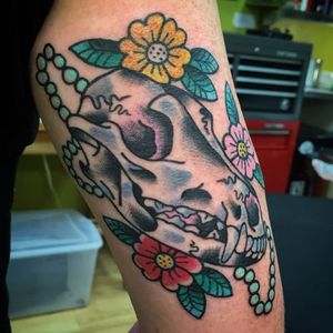 Wolf skull tattoo by Lacey Eberle #laceyeberle #wolfskull #traditional #wolf #skull