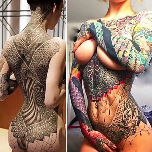 Tattoos by Glenn Cuzen, on Jade Cuzen #GlennCuzen #JadeCuzen #bodysuit #geometric #mandala #blackwork (Photo from Glenn's Instagram)