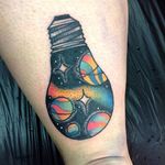 Galaxy light bulb tattoo by James Ghrey. #traditional #newtraditional #JamesGhrey #lightbulb #space #galaxy