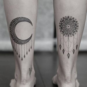 Moon and sun as pair tattoos #moontattoo #suntattoo #chandelier #ElBernardes #moon #sun #pairtattoo
