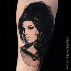 Amy Winehouse Traditional Portrait Tattoo by Holly Ellis @Hollsballs1 #HollyEllis #IdleHandsSF #idlehandstattoo #Traditional #Black #Portrait #Portraittattoo #Amywinehouse