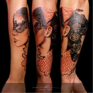 Beautiful linework in this unusual tattoo. Tattoo by Steve Toth. #SteveToth #BritishTattooer #blackandgrey #realism #hyperrealism #MonumentalInk #woman #masquerade #roses