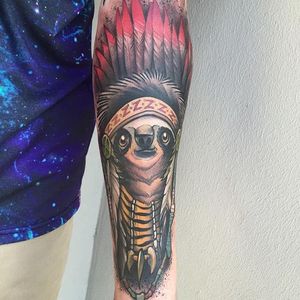 Chief Sloth Tattoo by Eddie Stacey #sloth #slothtattoo #slothtattoos #slothdesign #funtattoos #EddieStacey