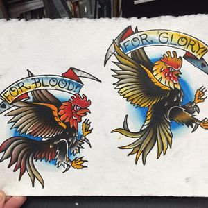 A color study of the original fighting cock designs by Anthony Low (IG—anthony_low_). #AnthonyLow #couplestattoos #fightingcocks #love #matchingtattoos #relationships