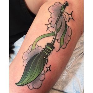Harry Potter tattoo by Jessica White. #JessicaWhite #jawtattoos #neotraditional #harrypotter #hp #book #movie #broom #slytherin