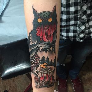 Twin Peaks tattoo by Miko Mueller. #twinpeaks #MikoMueller #Owl #fire