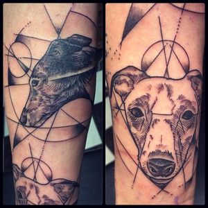 Geometric linework greyhound tattoo by Simon Baron. #blackwork #linework #geometric #dog #greyhound #SimonBaron