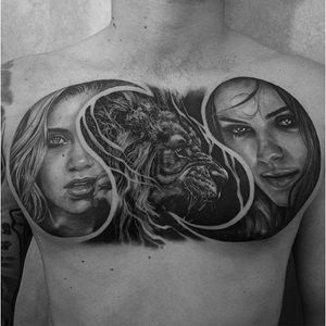 Lion and ladies ying yang chest piece by Harley Kirkwood. #portrait #realism #blackandgrey #HarleyKirkwood #lion #ladies #women #yingyang