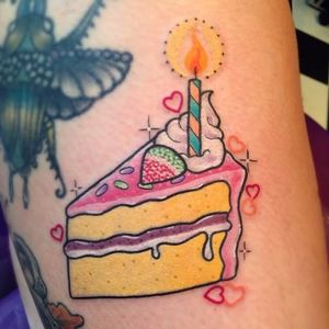 Birthday cake tattoo by Sam Whitehead. #cake #dessert #sweet #delicious #sweettooth #birthday #SamWhitehead