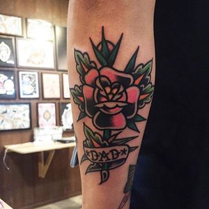 Awesome flower tattoo by Bad Tongue #BadTongue #oldschooltattoo #poptattoo #flower #dad #