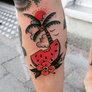 Watermelon tattoo by Anton Bris. #watermelon #fruit #tropical #melon #juicy #traditional #summer