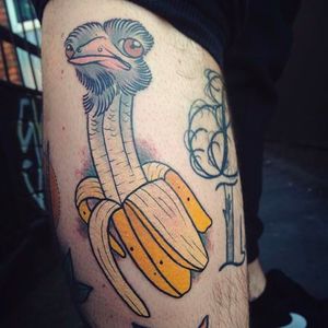 Ostrich Banana Tattoo by @pau1terry_ #ostrich #neotraditional #banana #bananatattoo #fruittattoo