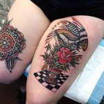 A pair of awesome traditional tattoos from Tommy Doom's portfolio (IG—tommydoom). #eagle #mandala #TommyDoom #traditional
