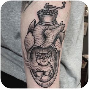 Coffee tattoo by Susanne König. #SusanneKonig #blackwork #coffee #coffeelover #mug #drink #coffeelover #cat