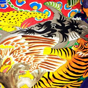 A painting full of animals common to tattoos via Peter Mui. Photograph by Matt Modoono and Adam Glanzman. #artshow #fashion #fineart #Gallery360 #Japanese #Northeastern #PeterMui #traditional