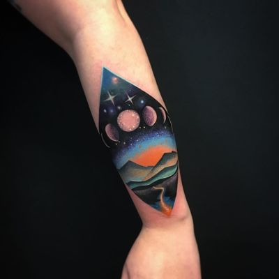 Space landscape tattoo by Martyna Popiel #MartynaPopiel #spacetattoos #color #surreal #landscape #space #Moon #mooncycle #mountains #river #galaxy #stars #space #nature #universe