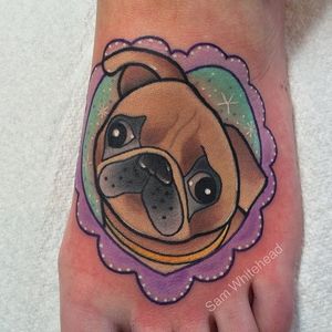 Cute little pug and heart foot tattoo by Sam Whitehead. #cute #pastel #dog #pug #SamWhitehead