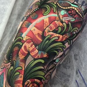 Colorful chameleon tattoo by Cree McCahill. #lizard #chameleon #colorful #neotraditional #CreeMcCahill