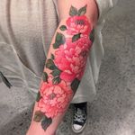 Pink peonies by CJ #pinkink #cj #Japanese #neotraditional #mashup #color #peonies #flowers #leaves #nature #tattoooftheday