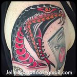 Fierce snake head tattoo done by Jelle Soos. #JelleSoos #SwanseaTattooCo #traditional #bold #snake #snakehead