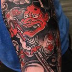 Fighting Hannya by Ross Nagle #RossNagle #color #blackandgrey #Japanese #Hannya #Oni #peony #swords #clouds #horns #flowers #flower #tattoooftheday