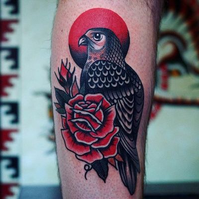 Traditional falcon and rose by Electric Martina #ElectricMartina #traditional #color #falcon #rose #tattoooftheday