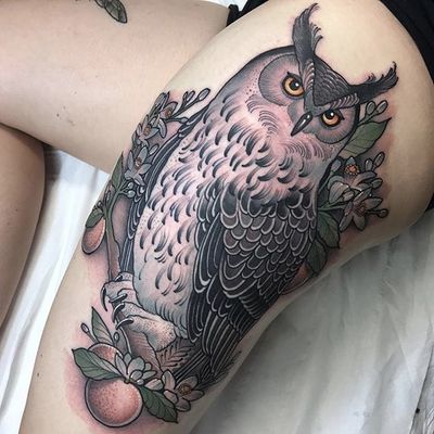 Owl by Jean Le Roux #JeanLeRoux #owl #orange #color #neotraditional #tattoooftheday