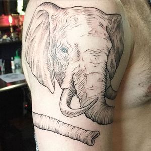 Large fine line elephant tattoo by Maggie Cho Brophy. #blackwork #linework #MaggieChoBrophy #elephant #fineline