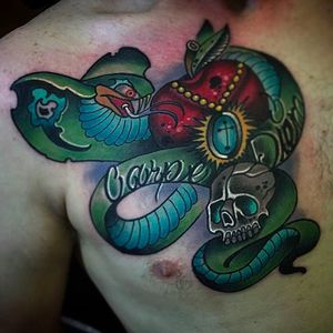 CARPE DIEM - Insane looking cobra on this seize the day tattoo done by Shane Klos. #shaneklos #neotraditional #illustrative #revolutioninkstudio #cobra #snake #skull #CARPEDIEM