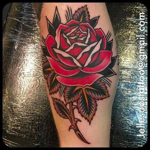 Classic rose and thorns. Clean work by Jelle Soos. #JelleSoos #SwanseaTattooCo #traditional #bold #rose #thorns