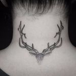 Stag tattoo done by Rabbit at Ascending Lotus Tattoo #dotwork #stag #deer #antlers #blackwork #napetattoo #neck #AscendingLotusTattoo