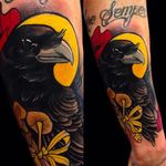 Bold and vibrant crow tattoo done by Giulia Bongiovanni. #giuliabongiovanni #neotraditional #coloredtattoo #crow #forearmtattoo