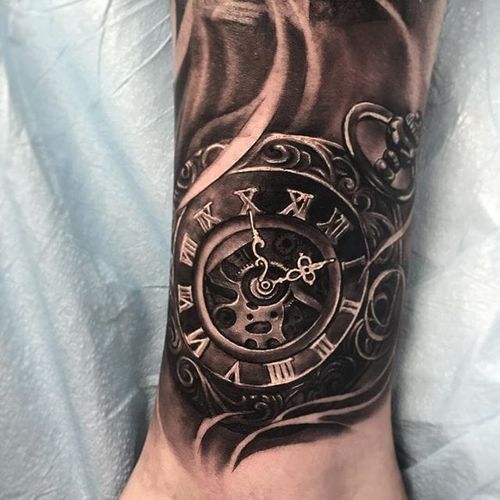 Black and grey pocket watch tattoo by Miguel Camarillo. #blackandgrey #realism #MiguelCamarillo #watch #pocketwatch #clock