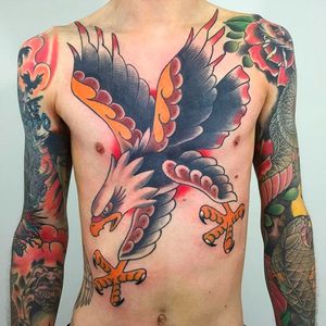 Massive front eagle tattoo done by Dan Pemble. #danpemble #sacredtattoostudio #neotraditional #animaltattoos #eagle #baldeagle