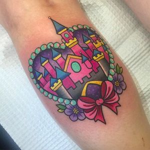 Girly castle tattoo by Sarah K #SarahK #neotraditional #castle #heart #bow #colorful #girly