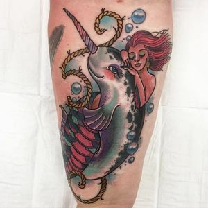 Narwhal tattoo by Lofi. #Lofi #narwhal #mermaid #traditional #nautical #sea
