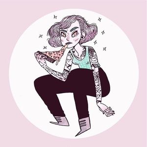 Tattooed girl comfy with pizza illustration by Heather Mahler. #HeatherMahler #illustration #art #tattooart #tattooedwomen #girls #watercolor #pizza