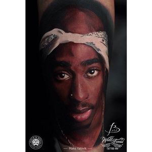Tupac Shakur tattoo by Maks Yalovik. #2pac #TupacShakur #rapper #portrait #colorrealism