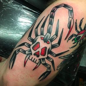 Cool skull scorpion morph tattoo. Solid work by Janitor Jake. #JanitorJake #HatCityTattoo #traditional #boldtattoos #scorpion #skull