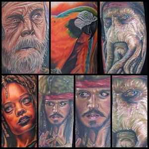 Pirates of the Caribbean Tattoos by Mike DeVries #PiratesoftheCaribbean #PiratesoftheCarribeanTattoo #PirateTattoos #DisneyTattoos #MovieTattoos #MikeDeVries
