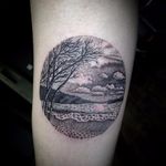 Intricate landscape dotwork tattoo. Photo from Matina Marinou on Instagram #MatinaMarinou #blackworker #pointillism #dotwork #blackandgrey #woodcut #etching #engraving #landscape
