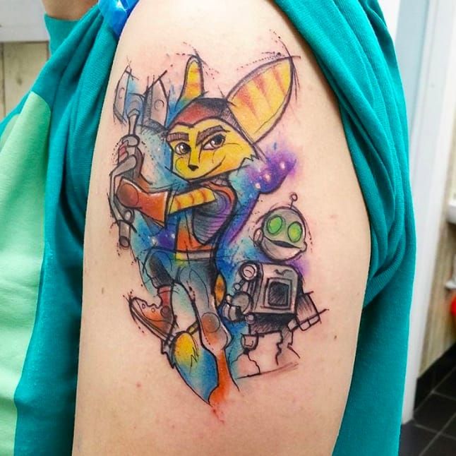 Tattoo uploaded by Rebecca  Ratchet and Clank tattoo by Josie Sexton  JosieSexton ratchetandclank watercolour sketch Photo IGjosiesexton   Tattoodo