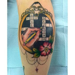 Cool crossword tattoo by Maddison Mack @Maddisonmack #Maddisonmack #Grandma #Grandmother #GrandmaTattoos #Crossword #Neotraditional
