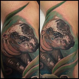 Adorable color realism hippopotamus tattoo by Leanne Fate. #realism #colorrealism #hippopotamus #babyanimal #LeanneFate