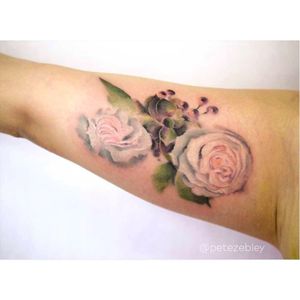 Inner arm flower tattoo by Pete Zebley #PeteZebley #flower #flowers #realism #photorealism #realistic