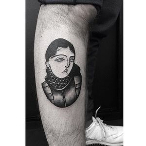 Blackwork tattoo by Fidjit Lavelle. #Fidjit #FidjitLavelle #blackwork #portrait #woman #joanofarc