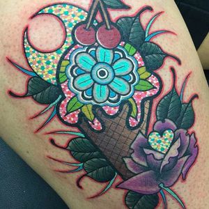 Awesome ice cream with cherries and some flowers to go along with 'em. Tattoo by Katie McGowan. #katiemcgowan #blackcobratattoo #coloredtattoo #icecream #flowers