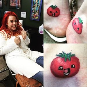 Pair of cute cherry tomato tattoos by @wyattink. #tomato #matchingtattoo #fruit #vegetable #wyattink