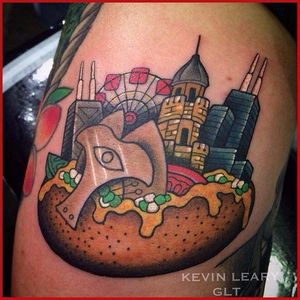 Chicago Dog by Kevin Leary (via IG-kevinlearytattoo) #chicago #traditional #color #cities #KevinLeary