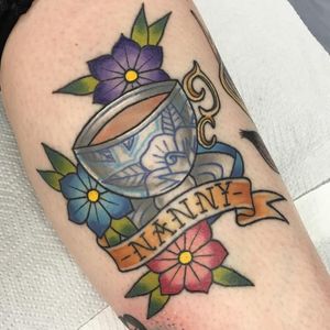 Teacup tattoo by Stephanie Melbourne #StephanieMelbourne #neotraditional #colour #teacup